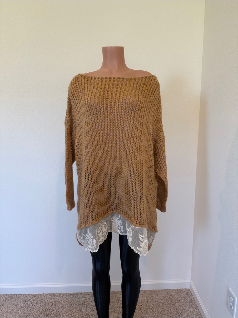 Women's Tan Off-the-Shoulder Open-Knit Sweater with Lace Hem